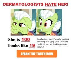 Size: 1660x1332 | Tagged: safe, granny smith, earth pony, pony, apple family reunion, advertisement, before and after, clickbait, dermatologists hate her, meme, parody, smiling, text, trainers hate him, young granny smith, younger