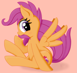 Size: 1031x981 | Tagged: safe, artist:i_luv_scootaloo, scootaloo, pegasus, pony, crusaders of the lost mark, biting, cutie mark, female, filly, looking at you, orange background, simple background, sitting, solo, spread wings, tail bite, the cmc's cutie marks, wings