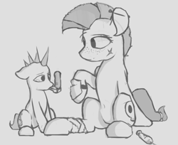 Size: 1290x1055 | Tagged: safe, artist:woonasart, pony, fallout equestria, crossover, drug use, drugs, duo, fallout, female, filly, grayscale, jet, jet (drug), mare, med-x, monochrome, sitting