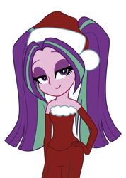 Size: 3200x4500 | Tagged: safe, artist:backgrounduser, aria blaze, equestria girls, bare shoulders, bedroom eyes, clothes, hat, santa costume, santa hat, simple background, sleeveless, solo, strapless, transparent background, vector