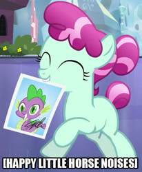 Size: 481x585 | Tagged: safe, screencap, cherry valley, spike, crystal pony, dragon, the crystalling, autograph, cropped, descriptive noise, filly, horse noises, image macro, meme, photo, solo