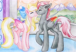 Size: 7794x5331 | Tagged: safe, artist:emberslament, oc, oc only, pegasus, pony, absurd resolution, nuzzling, oc x oc, shipping, sunset, traditional art