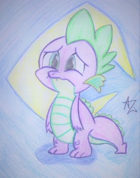 Size: 2175x2764 | Tagged: safe, artist:artemissunlulamoon, spike, dragon, sad, solo, traditional art