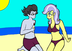 Size: 1024x723 | Tagged: safe, artist:ssvineman, jet set, upper crust, equestria girls, friendship games, beach, cleavage, clothes, female, male, shipping, straight, summer, sunscreen, swimsuit, upperset