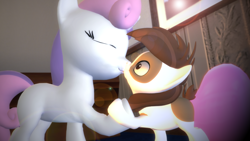 Size: 1920x1080 | Tagged: safe, artist:viranimation, pipsqueak, sweetie belle, 3d, cute, female, gmod, heart, holding hooves, kissing, male, shipping, size difference, straight, sweetiesqueak