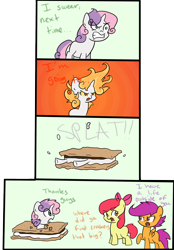 Size: 1800x2585 | Tagged: safe, artist:annehairball, apple bloom, scootaloo, sweetie belle, comic, cutie mark crusaders, flattened, food, mane of fire, marshmallow, pokémon, rage, rapidash, s'mores, sweetie belle is a marshmallow too