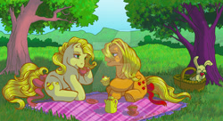 Size: 900x491 | Tagged: safe, artist:sandraugiga, applejack (g1), rabbit, g1, apple, crumpet, crumpetbetes, cute, deviantart watermark, food, jackabetes, nature, obtrusive watermark, picnic blanket, tea, watermark