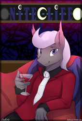 Size: 750x1100 | Tagged: safe, artist:php41, derpibooru exclusive, oc, oc only, oc:strobe light, anthro, bat pony, alcohol, chair, clothes, food, logo, looking at you, male, martini, nightclub, nite life, solo, suit