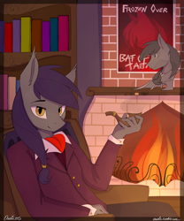 Size: 1000x1200 | Tagged: safe, artist:php41, derpibooru exclusive, oc, oc only, oc:center stage, anthro, bat pony, ascot tie, bishonen, blazer, book, bookshelf, chair, clothes, fancy, fireplace, looking at you, male, movie poster, pipe, poster, shirt, smoking, solo, statue, suit, waistcoat