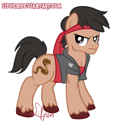 Size: 700x751 | Tagged: safe, artist:lifyen, snake, angry, clothes, frown, headband, jacket, kung fury, police badge, ponified, solo, t-shirt