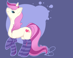 Size: 1500x1195 | Tagged: safe, artist:heartscharm, oc, oc only, oc:hearts charm, pony, unicorn, abstract background, clothes, female, looking at you, looking sideways, mare, profile, side view, smiling, smiling at you, socks, solo, striped socks