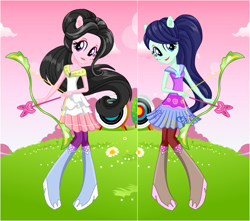 Size: 681x602 | Tagged: safe, artist:karalovely, blueberry cake, oc, oc:kara lovely, equestria girls, friendship games, archery, arrow, background human, bow (weapon), bow and arrow, starsue, weapon