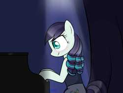 Size: 767x580 | Tagged: safe, artist:ultrard, coloratura, pony, the mane attraction, blushing, colored pupils, female, i am just a pony, looking down, mare, piano, rara, sitting, smiling, solo, spotlight, the magic inside