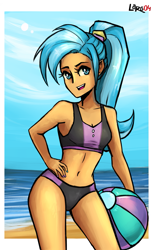 Size: 1227x2000 | Tagged: safe, artist:lady-largo, allie way, human, beach, beach ball, bikini, clothes, humanized, ponytail, solo, swimsuit