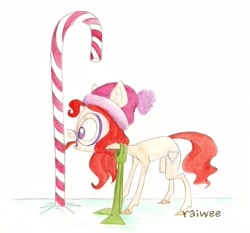 Size: 1969x1837 | Tagged: safe, artist:raiwee, twist, candy, candy cane, clothes, food, hat, scarf, solo, tongue stuck to pole, traditional art