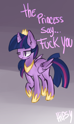 Size: 900x1500 | Tagged: safe, artist:hipsysweetie, twilight sparkle, twilight sparkle (alicorn), alicorn, pony, dialogue, female, fuck you, mare, solo, unamused, vulgar