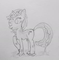 Size: 1763x1790 | Tagged: safe, artist:vithepony, oc, oc only, goo pony, original species, pony, unicorn, monochrome, pencil drawing, side view, sketch, solo, traditional art