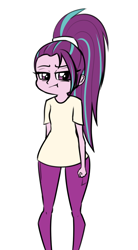 Size: 478x869 | Tagged: safe, artist:mayde-m, aria blaze, equestria girls, alternate hairstyle, clothes, female, frown, looking at you, ponytail, simple background, solo, t-shirt, white background