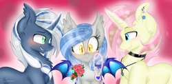 Size: 1280x627 | Tagged: safe, artist:pvrii, oc, oc only, oc:coastal frost, oc:midnight radiance, oc:neapolitan blitz, bouquet, necklace