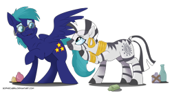 Size: 1500x829 | Tagged: safe, artist:spainfischer, zecora, oc, oc:trinary, zebra, blushing, bottle, earring, glasses, piercing, potions