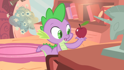 Size: 1366x768 | Tagged: safe, screencap, spike, dragon, owl's well that ends well, apple, food, solo