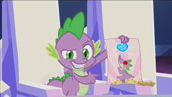 Size: 640x360 | Tagged: safe, edit, edited screencap, screencap, spike, dragon, the crystalling, crystal heart, discovery family logo, dreamworks face, exploitable meme, forced meme, meme, poster, shameless self-promoter, spike holding a paper