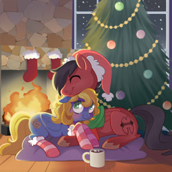 Size: 900x900 | Tagged: safe, artist:parfywarfy, oc, oc only, clothes, female, fireplace, hearth's warming eve, male, oc x oc, shipping, socks, straight, striped socks