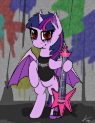 Size: 5417x7042 | Tagged: safe, artist:ampderg, twilight sparkle, twilight sparkle (alicorn), alicorn, bat pony, pony, absurd file size, absurd resolution, bipedal, clothes, commission, electric guitar, graffiti, guitar, heavy metal, makeup, race swap, shirt, slit eyes, solo, twibat