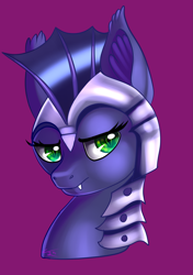 Size: 1885x2671 | Tagged: safe, artist:theneithervoid, oc, oc only, oc:halfmoon, bat pony, pony, bust, green eyes, guardsmare, helmet, night guard, portrait, royal guard, solo