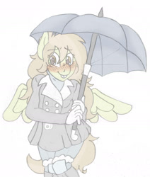 Size: 1676x1981 | Tagged: safe, artist:blackbewhite2k7, featherweight, anthro, blushing, boots, clothes, femboy, gloves, jacket, male, older, sketch, solo, sweater, trap, turtleneck, umbrella