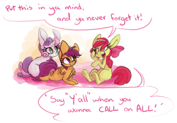 Size: 967x673 | Tagged: safe, artist:ponygoggles, apple bloom, scootaloo, sweetie belle, cutie mark crusaders, speech bubble, y'all