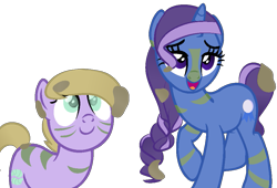 Size: 947x643 | Tagged: safe, artist:berrypunchrules, oc, oc only, oc:roly poly, oc:victorie moon, alternate timeline, chrysalis resistance timeline, face paint, half-siblings, half-sisters, mud, next generation, offspring, parent:derpy hooves, parent:doctor whooves, parent:trixie, parents:doctorderpy, polyamory, simple background, stripes, transparent background