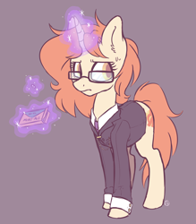 Size: 2800x3200 | Tagged: safe, artist:hawthornss, oc, oc only, oc:crispy cream, pony, unicorn, fallout equestria, clothes, cutie mark, drugs, ear fluff, fanfic, fanfic art, female, glasses, glowing horn, hooves, horn, levitation, magic, mare, mint-als, simple background, solo, suit, telekinesis