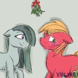 Size: 1024x1024 | Tagged: safe, artist:violyre, big macintosh, marble pie, earth pony, pony, blushing, male, marblemac, mistletoe, shipping, stallion, straight