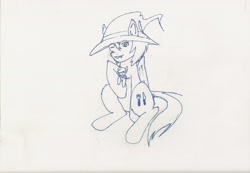 Size: 3552x2459 | Tagged: safe, oc, oc only, oc:nightshade, oc:starburn, bat pony, pony, cuddling, fangs, hat, lineart, monochrome, sitting, size difference, smiling, snuggling, witch hat