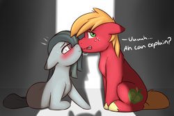Size: 1800x1200 | Tagged: safe, artist:captainpudgemuffin, big macintosh, marble pie, earth pony, pony, blushing, boop, caught, chest fluff, commission, cute, dialogue, female, floppy ears, fluffy, i can explain, lewd, looking at you, macabetes, male, marblebetes, marblemac, mare, nose wrinkle, noseboop, nuzzling, offscreen character, on side, shipping, sitting, stallion, straight, surprised, sweat, wide eyes