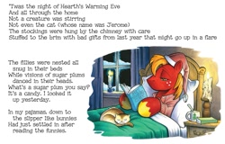 Size: 1283x819 | Tagged: safe, artist:andypriceart, idw, big macintosh, cat, spoiler:comic, spoiler:comicholiday2015, bed, book, candle, male, text, twas the night before christmas