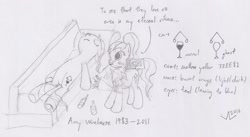 Size: 2003x1097 | Tagged: safe, artist:parclytaxel, ghost, alcohol, amy winehouse, beer, bouquet, cutie mark, dead, food, lineart, lying down, monochrome, on back, pencil drawing, ponified, ponified celebrity, pun, sofa, solo, traditional art, visual pun, wine