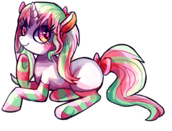 Size: 1280x978 | Tagged: safe, artist:cherivinca, oc, oc only, clothes, socks, solo, striped socks, tail bow