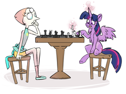 Size: 918x683 | Tagged: safe, artist:cider, twilight sparkle, twilight sparkle (alicorn), alicorn, pony, chess, crossover, female, mare, pearl (steven universe), steven universe, tongue out