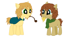 Size: 1400x711 | Tagged: safe, artist:valichan, merry, chewing, hay, lord of the rings, meriadoc brandybuck, peregrin took, pipe, pippin, ponified, tolkien