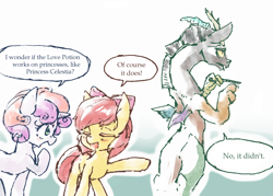 Size: 1024x732 | Tagged: safe, artist:toki, apple bloom, discord, sweetie belle, dialogue, feels, implied dislestia, love potion, sad, shipping denied