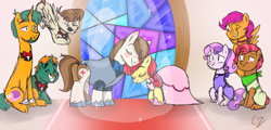 Size: 1024x492 | Tagged: safe, artist:hateful-minds, apple bloom, babs seed, featherweight, pipsqueak, scootaloo, snails, snips, sweetie belle, earth pony, pegasus, pony, unicorn, cute, cutie mark crusaders, female, male, mare, marriage, older, older apple bloom, older babs seed, older pipsqueak, older scootaloo, older snails, older snips, older sweetie belle, pipbloom, shipping, stallion, wedding