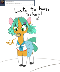 Size: 1111x1331 | Tagged: safe, artist:kryptchild, snails, alternate hairstyle, ask, ask glitter shell, clothes, crossdressing, cute, freckles, glitter shell, horse noises, mary janes, mouth hold, neigh, nom, school uniform, schoolgirl, schoolgirl toast, shoes, skirt, snail, socks, solo, stockings, toast, transgender, tumblr