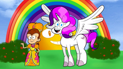 Size: 1280x720 | Tagged: safe, artist:scobionicle99, screencap, alicorn, pony, bush, eyeball, luan loud, parody, queen, rainbow, the loud house, the science house