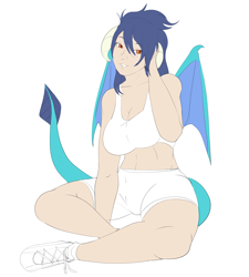 Size: 2701x3000 | Tagged: safe, artist:skyearts, princess ember, human, breasts, female, horned humanization, humanized, looking at you, princess embreast, simple background, smiling, solo, tailed humanization, white background, winged humanization, workout outfit