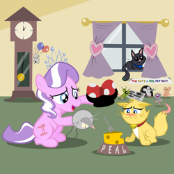 Size: 800x800 | Tagged: safe, artist:magerblutooth, diamond tiara, oc, oc:dazzle, oc:peal, cat, earth pony, mouse, pony, blushing, bowl, cheese, clock, food, food bowl, fork, grandfather clock, hat, minnie mouse, window