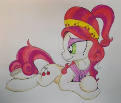 Size: 3705x3150 | Tagged: safe, artist:scribblepwn3, cherry jubilee, earth pony, pony, pen drawing, prone, solo, traditional art, watercolor painting