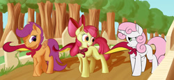 Size: 1599x738 | Tagged: safe, artist:pajama-ham, apple bloom, scootaloo, sweetie belle, pony, cape, clothes, cmc cape, cutie mark crusaders, fence, one eye closed, raspberry, tongue out, tree, watermark, wink, wip