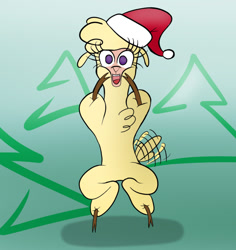 Size: 750x794 | Tagged: safe, artist:kencaldi, paprika paca, alpaca, them's fightin' herds, christmas, christmas tree, community related, excited, hat, santa hat, solo, tail wag